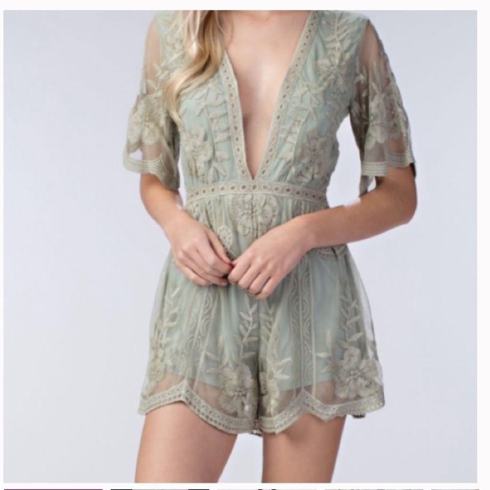 Honey Punch sage green lace romper